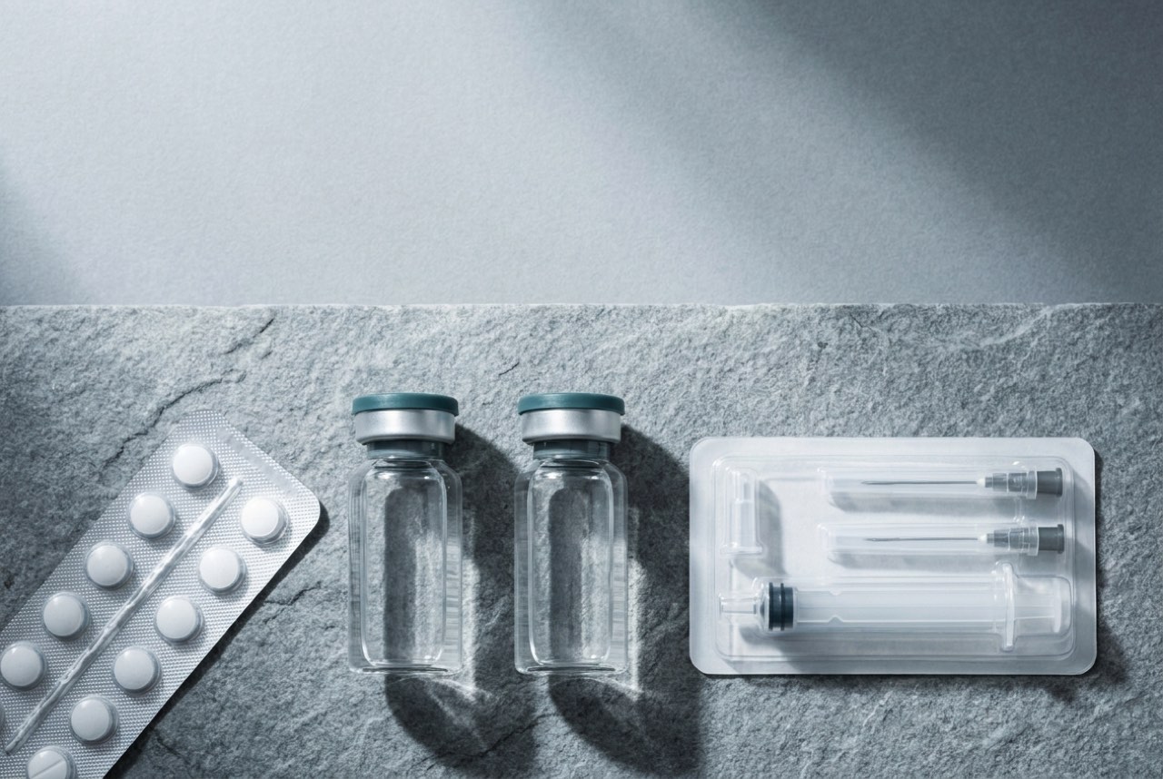 Overhead view of a tablet blister, two capped vials and a sealed syringe kit laid out on cool grey stone