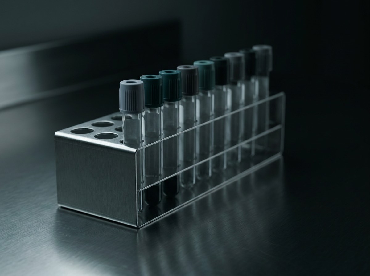 A stainless rack of empty capped blood-collection tubes on a steel laboratory bench under cool directional light